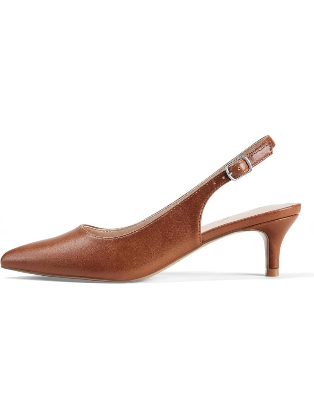 Women's Brown Low Kitten Heel Slingback Ankle Strap Pump Pointed Toe Comfortable